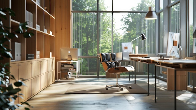La luz matinal inunda una oficina doméstica moderna con un diseño elegante y vistas verdes