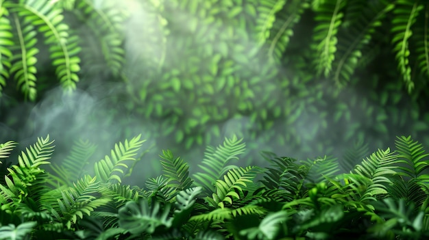 La luz mística de la mañana fluye a través de los vernos verdes del bosque exuberante con el aire brumoso y la belleza natural