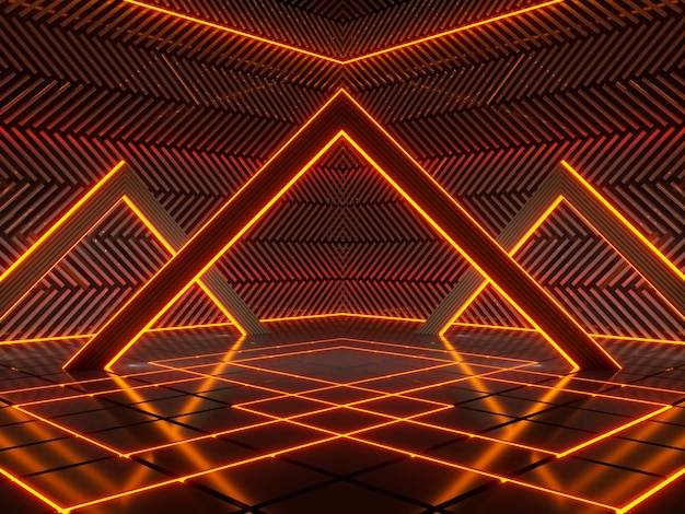 Luz de neón abstracto futurista fondo naranja concepto 3d render