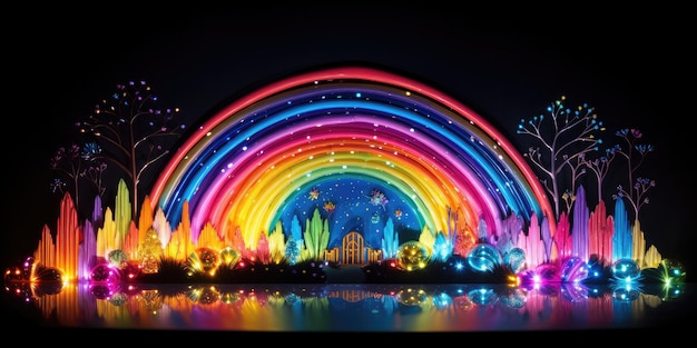 Foto la luz de neón del arco iris en la escena vacía