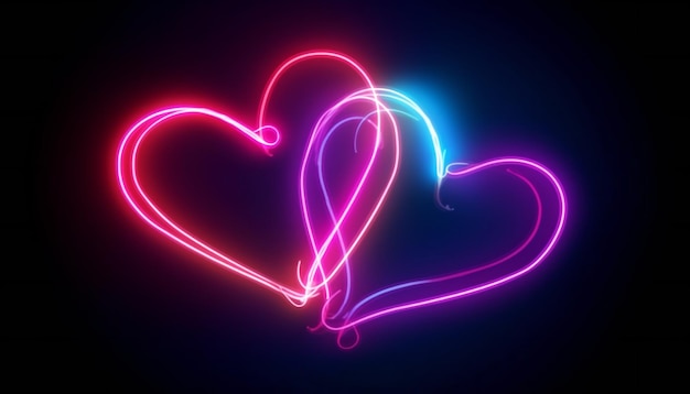 Luz de neón azul rosa dibujo par de corazones símbolos románticos garabatos abstractos aislados