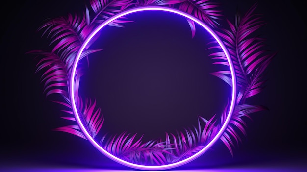 Luz de neón circular púrpura con hojas tropicales