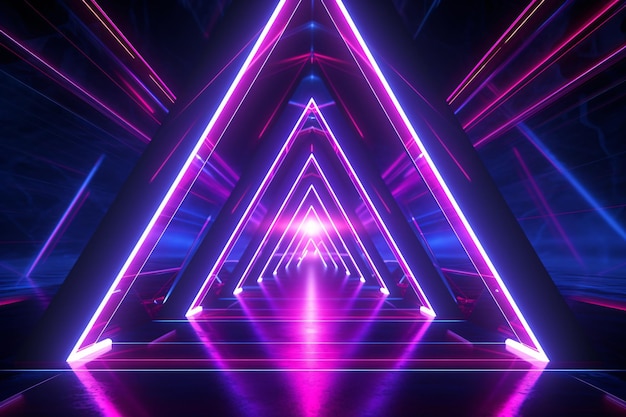 Luz de neón fondo abstracto Túnel triangular o pasillo luces de neón violeta brillantes Líneas láser