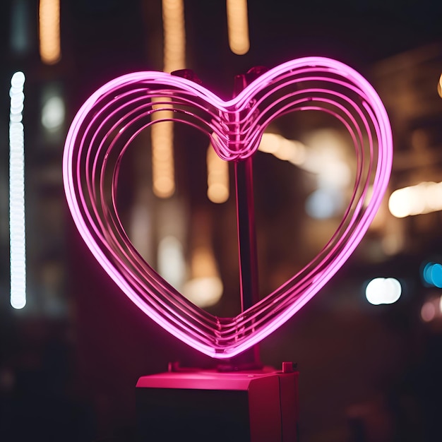 Luz de neón en forma de corazón rosa en la ciudad nocturna concepto de amor