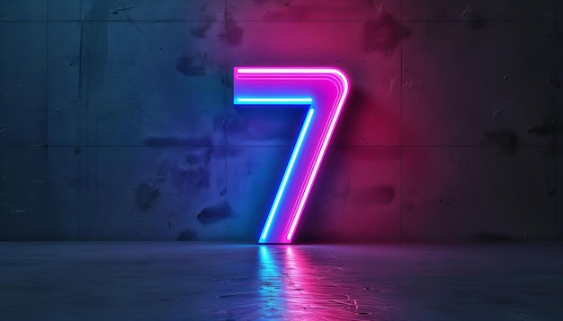 Luz de neón número siete con un resplandor rosa y azul en una superficie húmeda Número de suerte y juego