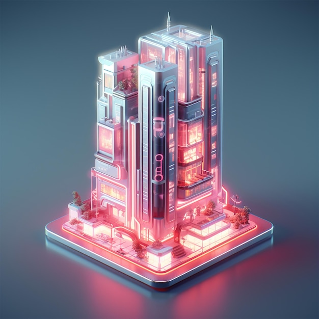 luz de neón de rascacielos futurista isométrica