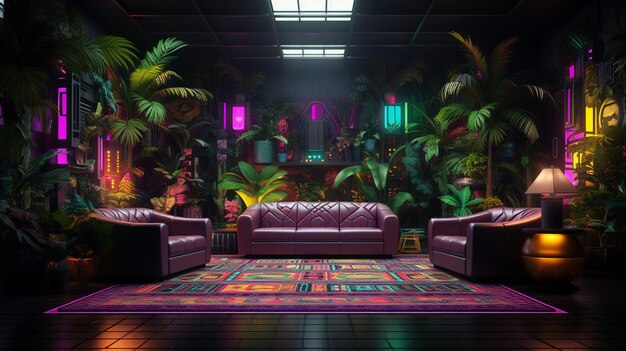 Foto luz de neón rectángulo en fondo tropical renderizado en 3d