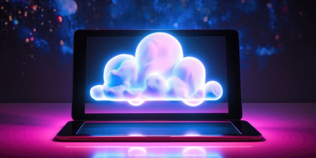 Foto la luz de neón representa la computación en la nube en una tableta