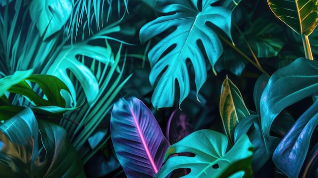 Luz de neón verde y azul con hojas tropicales