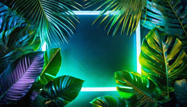 Foto luz de neón verde y azul con hojas tropicales