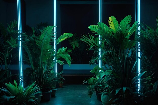 Luz de neón verde y azul con hojas tropicales