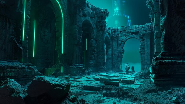 Luz de neón verde azul iluminado ruinas de piedra en 3D que da un papel tapiz fantástico