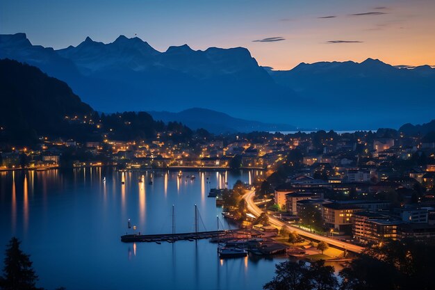 La luz de la noche sobre el Distrito de los Lagos de Suiza