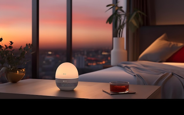 Una luz nocturna inteligente en un dormitorio con vista a la ciudad al atardecer