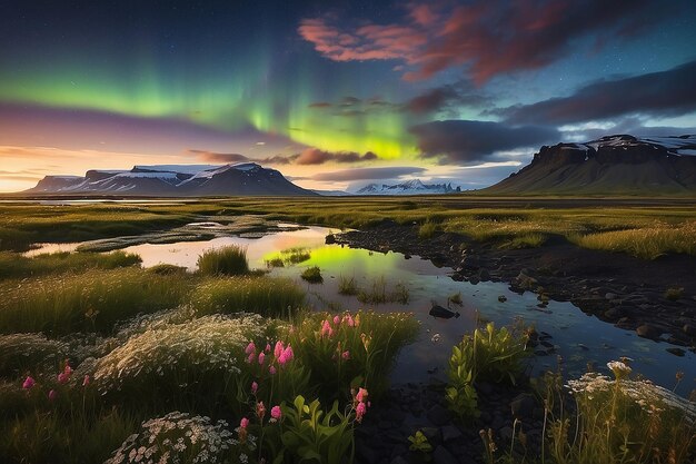 La luz del norte sobre el paisaje pantanoso con flores silvestres en Landmannarlaugar, Islandia