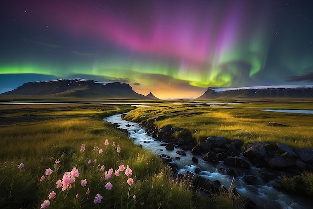 La luz del norte sobre el paisaje pantanoso con flores silvestres en Landmannarlaugar, Islandia