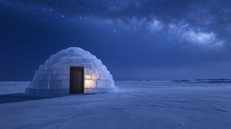 Foto luz quente dentro de um iglu sob um céu noturno estrelado em um ambiente ártico