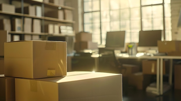Luz quente do pôr-do-sol em um escritório moderno com caixas de papelão Conceito de realocação do espaço de trabalho capturado em uma atmosfera calma pós-trabalho Tema de mudança de escritório ou entrega AI