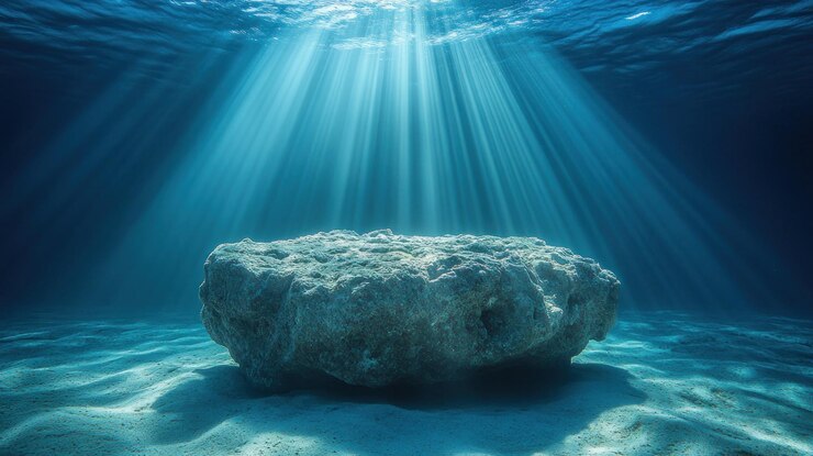 La luz del sol bajo el agua ilumina una roca solitaria