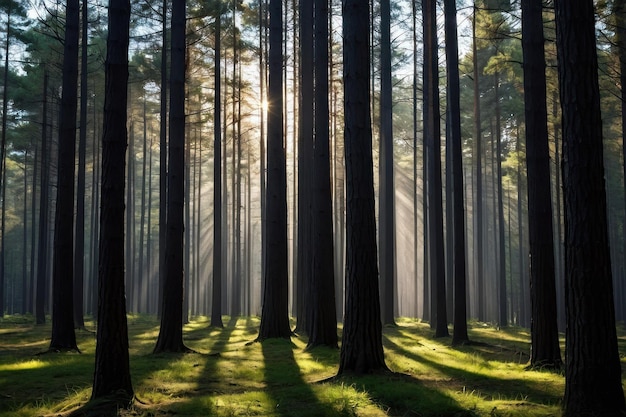 La luz del sol atravesando los árboles del bosque