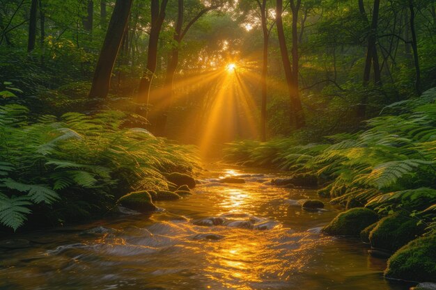 La luz del sol atravesando el bosque brumoso sobre la corriente suave.