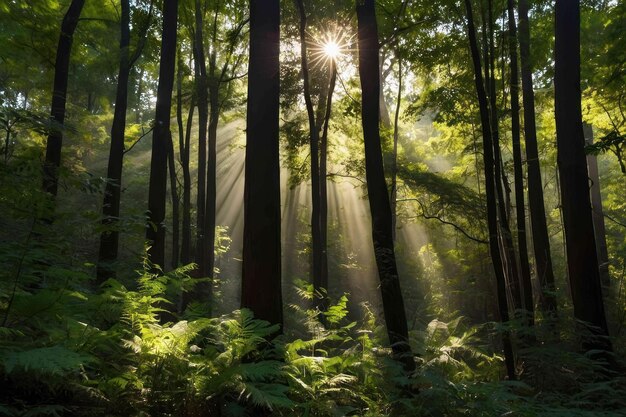 La luz del sol atravesando una escena de bosque verde