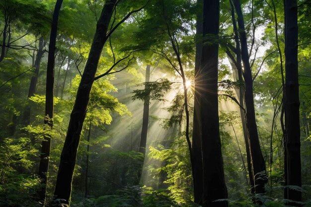 La luz del sol atravesando una escena de bosque verde