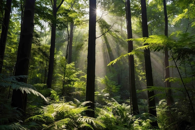 La luz del sol atravesando una escena de bosque verde