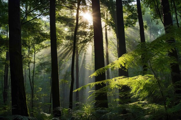 La luz del sol atravesando una escena de bosque verde