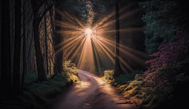 Luz del sol y bosque por la tarde Camino solitario entre la vegetación IA generativa