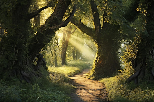 Foto la luz del sol en el bosque verde al amanecer hermoso paisaje de verano