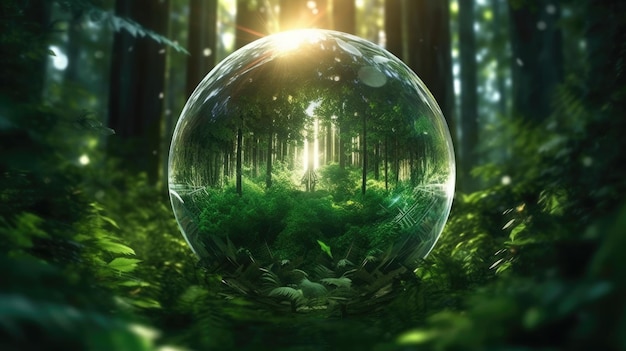 La luz del sol y el bosque verde capturados con bola de lente de cristal IA generativa