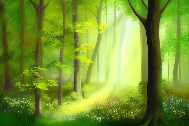 Luz del sol en el bosque verde primavera Ai generativo