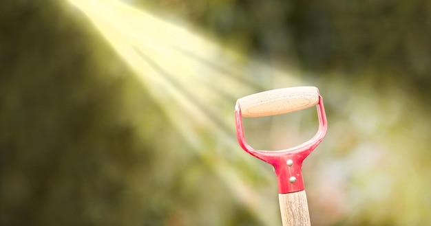 La luz del sol brilla sobre una pala en un jardín verde al aire libre en el patio trasero o en el jardín de una casa Primer plano de una pala de madera o herramienta de jardinería afuera en un patio con árboles borrosos en el fondo