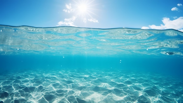 La luz del sol brilla en la superficie y bajo la ola azul del océano con aguas limpias en verano