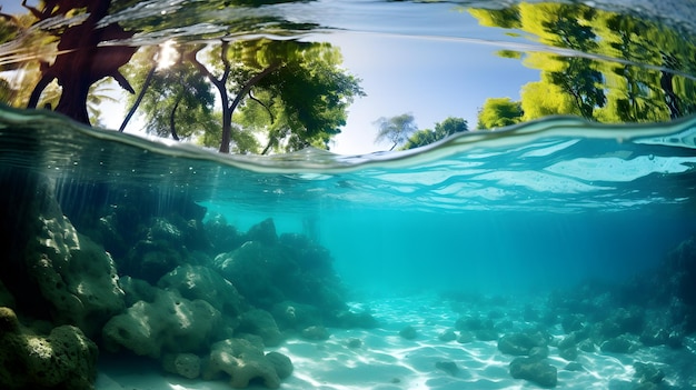 La luz del sol brilla en la superficie y bajo la ola azul del océano con aguas limpias en verano