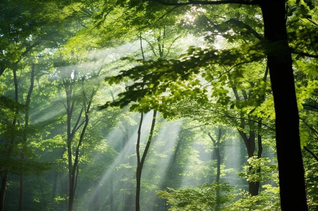 La luz del sol brilla a través del dosel del bosque