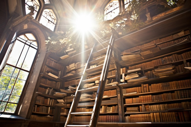 Foto la luz del sol brilla a través de una ventana de la biblioteca en una escalera y estanterías