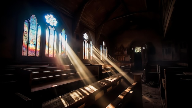 La luz del sol brilla a través de las vidrieras de una iglesia