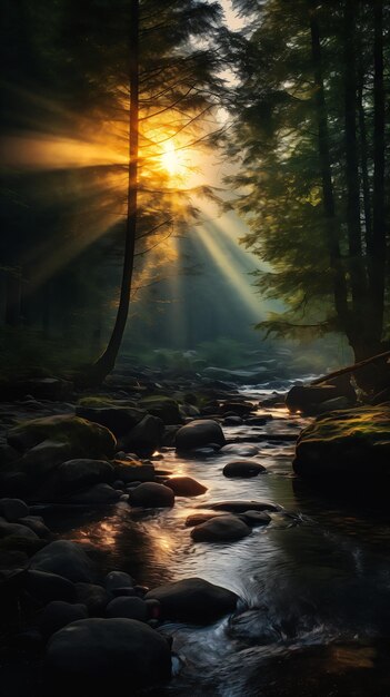 luz del sol brillando árboles en el arroyo bosque amanecer fondo rayos de luz ciudad al lado del río sol