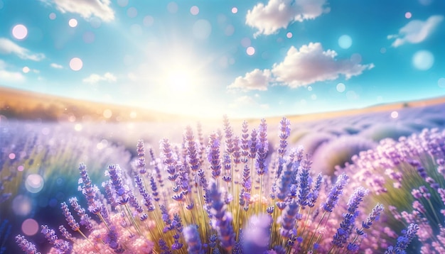 La luz del sol brillando en un campo infinito de lavanda bajo un claro cielo azul de fondo de verano