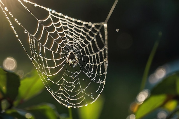 La luz del sol brillando en una telaraña de rocío