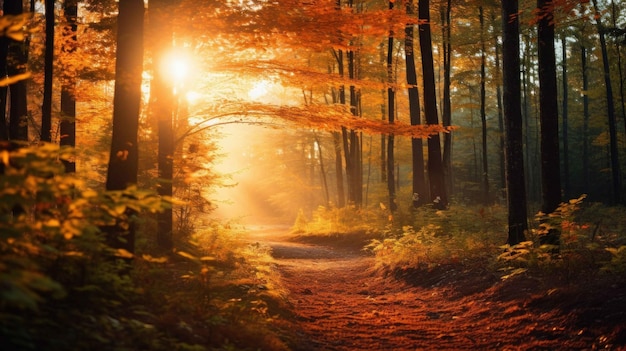 la luz del sol brillando a través de los árboles en un bosque con un camino