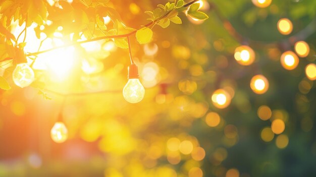 Foto la luz del sol brillando a través de las hojas de un árbol con una bombilla colgando de ella