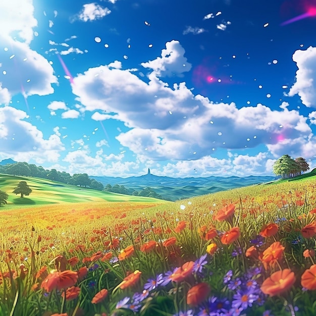 Luz del sol cielo anime hermosas flores jardín campo brillante IA generativa