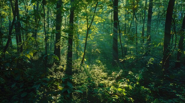 La luz del sol se filtra a través de los árboles del bosque iluminando el paisaje