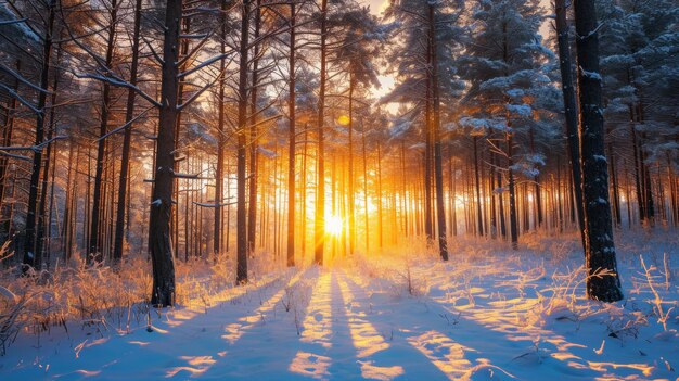 La luz del sol se filtra a través de los árboles cubiertos de nieve en un bosque