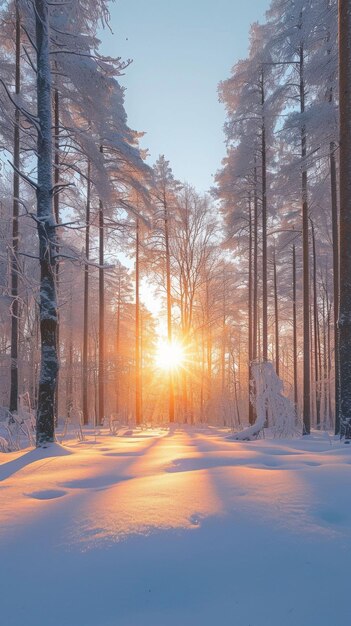 La luz del sol se filtra a través de los árboles nevados