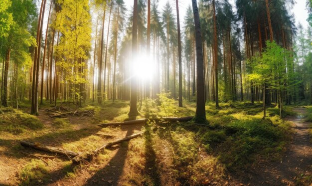 La luz del sol se filtra a través de los árboles pintando un impresionante panorama del bosque creando utilizando herramientas de IA generativas