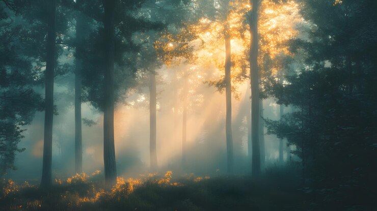 La luz del sol se filtra a través del bosque de niebla